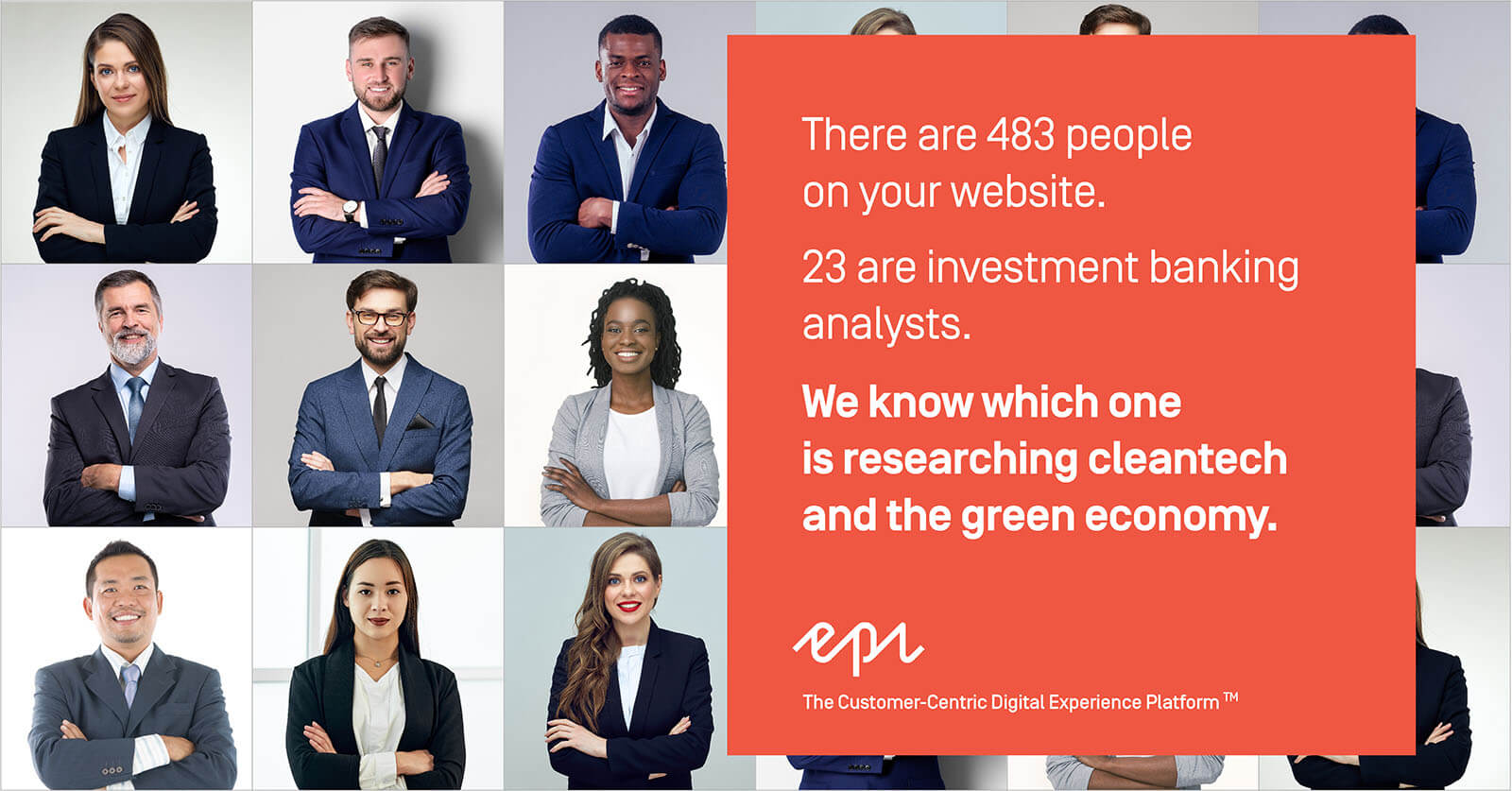Collage of men and women in business attire and text in an orange box