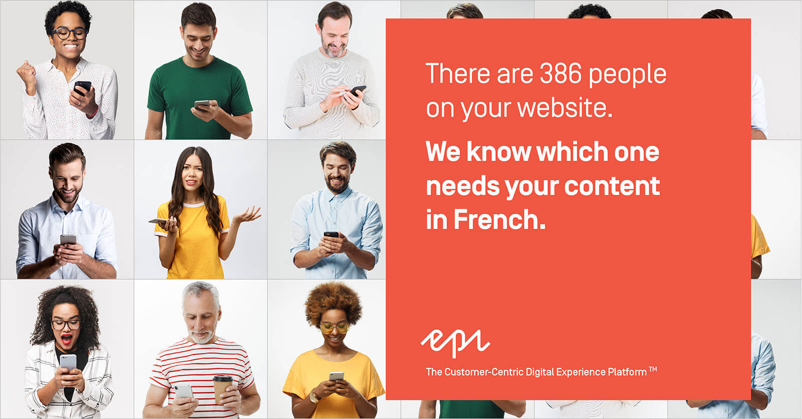 Collage of people using their mobile devices and text in an orange box