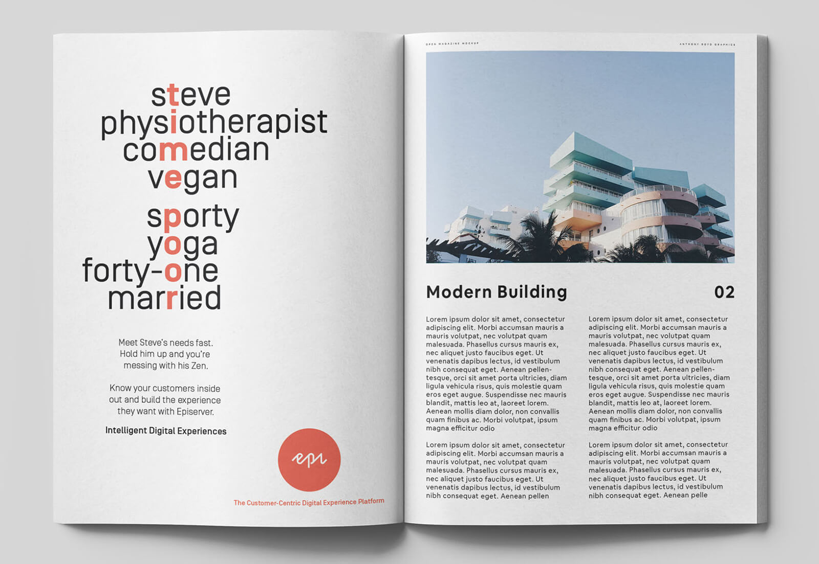 Open brochure featuring text and image of modern building