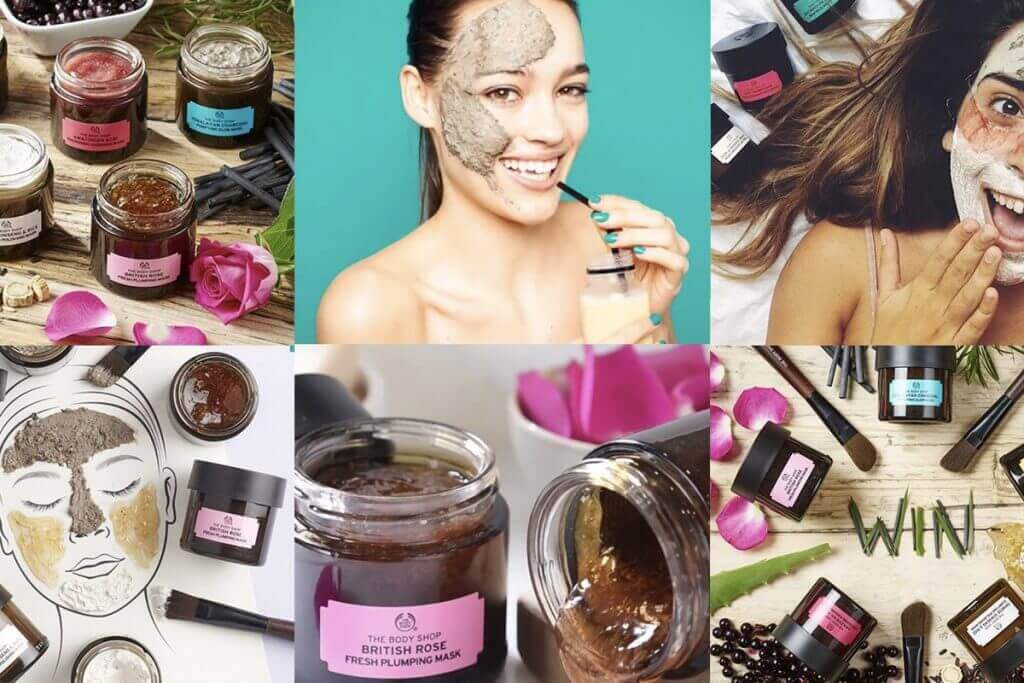 Collage of images featuring The Body Shop face masks and beauty products