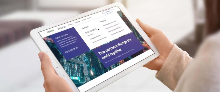 Kainos website on tablet, showcasing menu system.