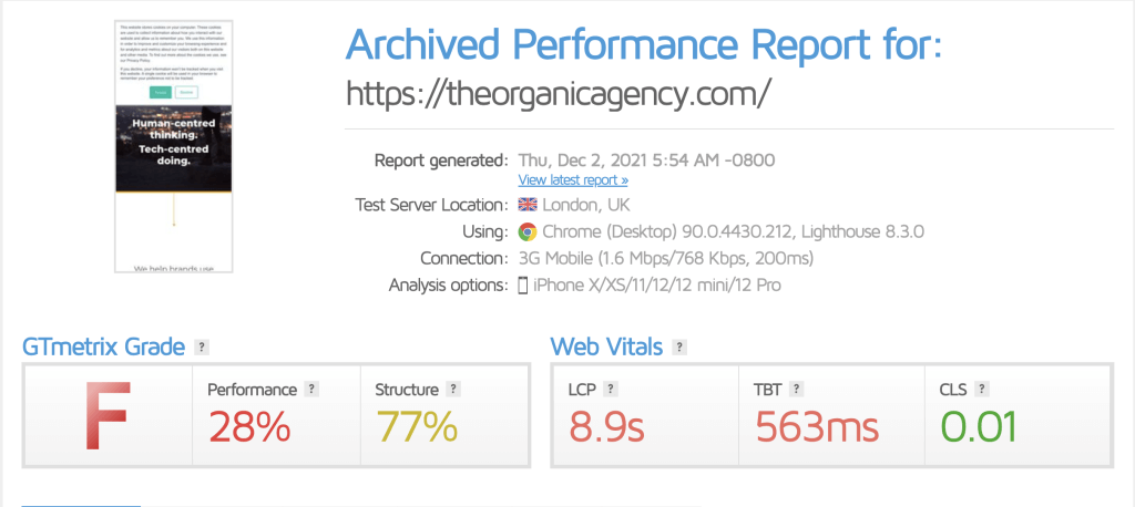 Organic website carbon score before change