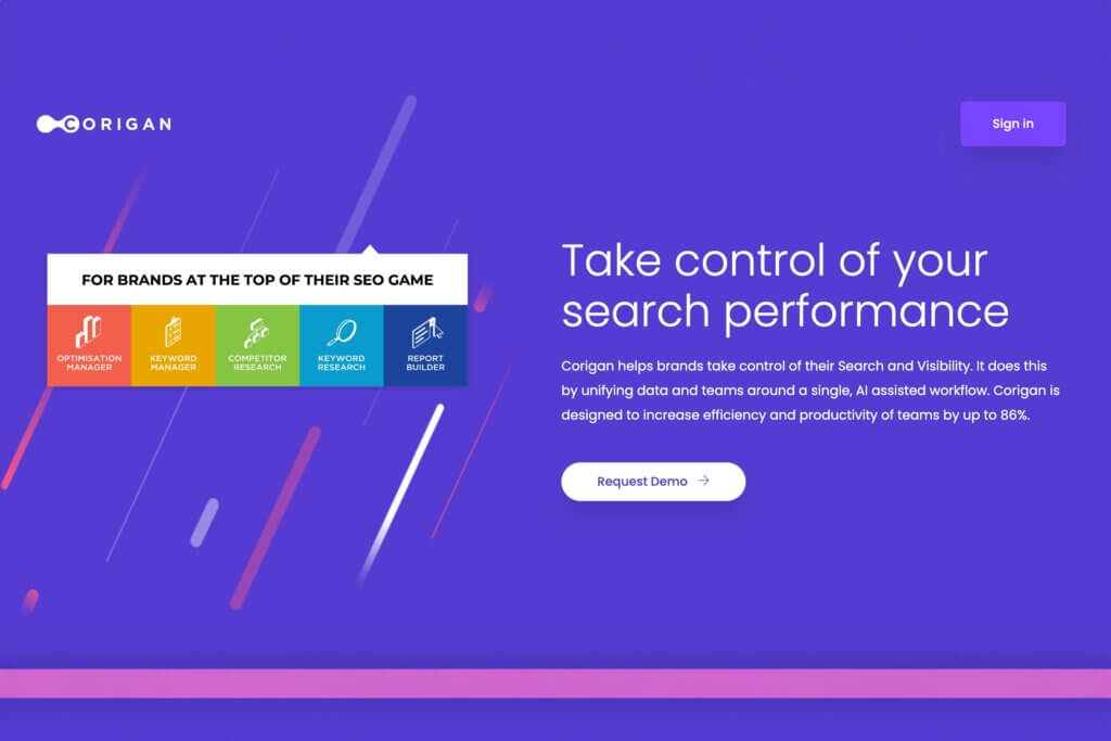 Take control of your search performance - the Corigan website homepage with those words displayed prominently.