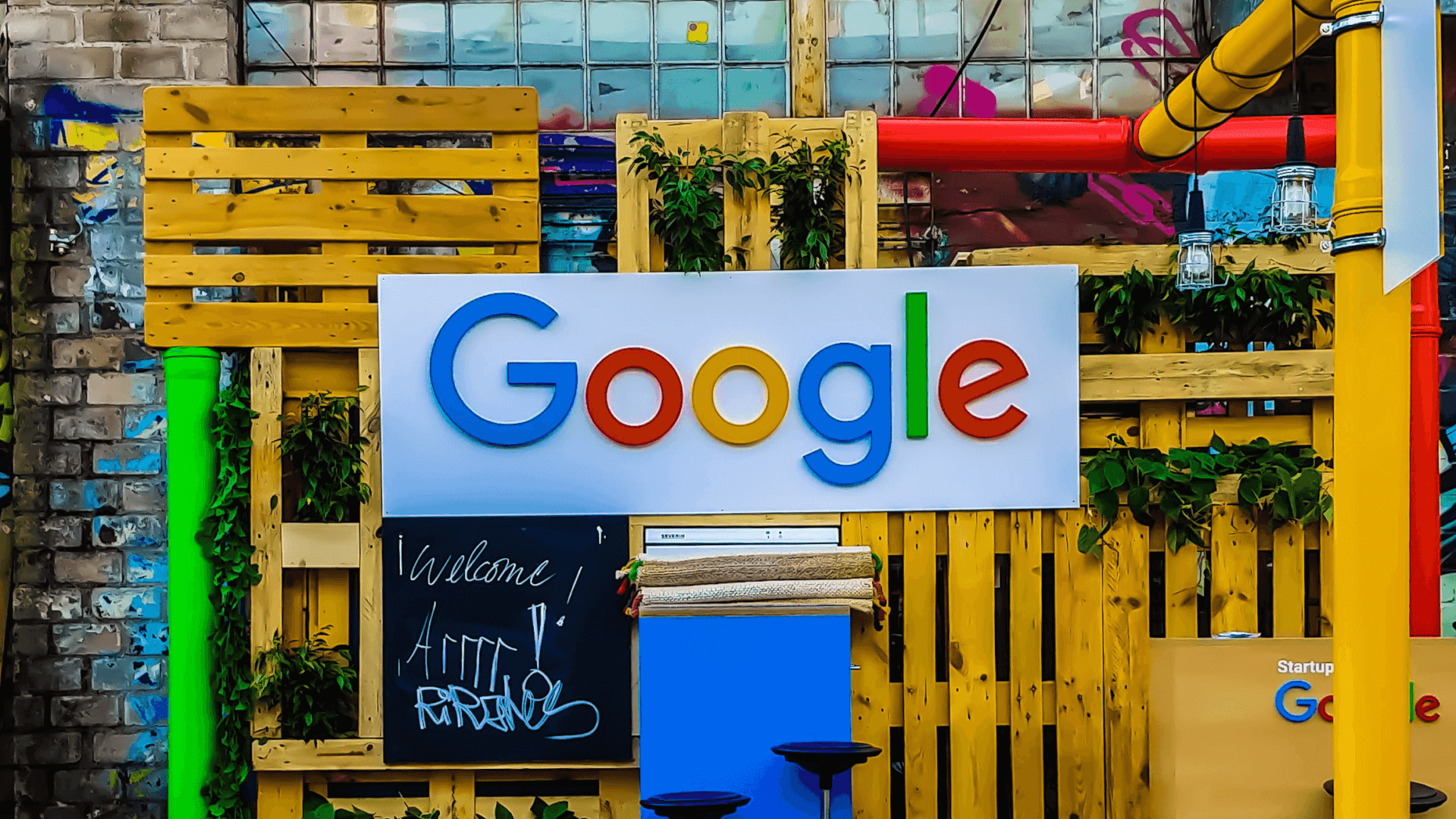 Google logo with a colourful background