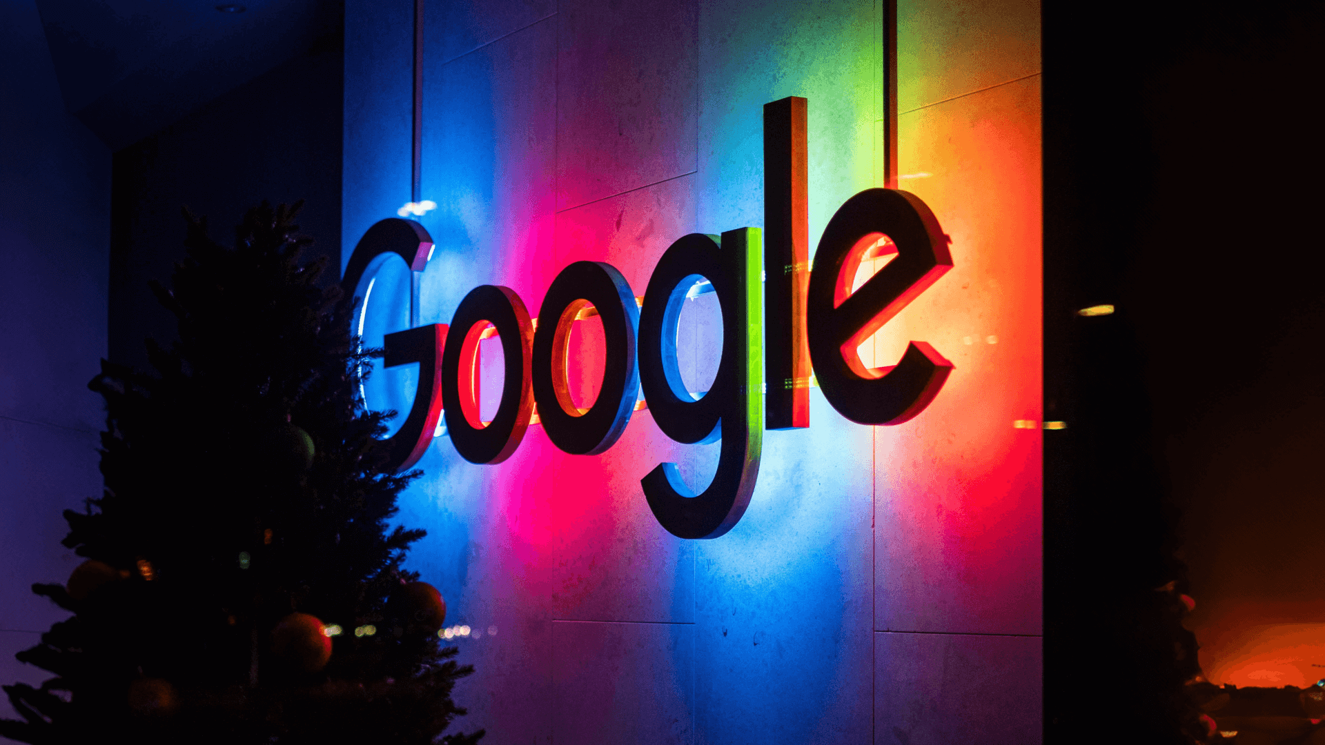 Neon Google with Christmas tree