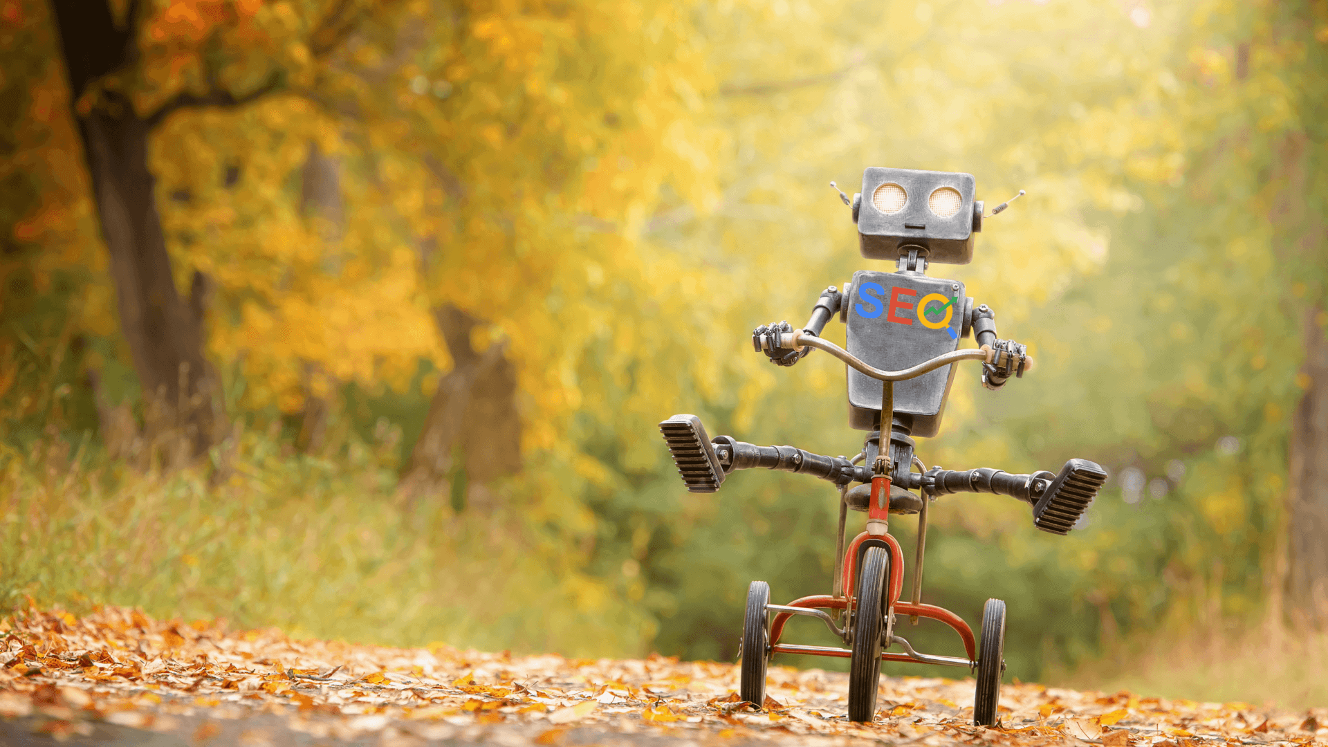 Happy humanoid robot rides a bicycle along the autumn alley. Robotic object experiences feelings and emotions. Concept of technology development in the form of artificial intelligence.