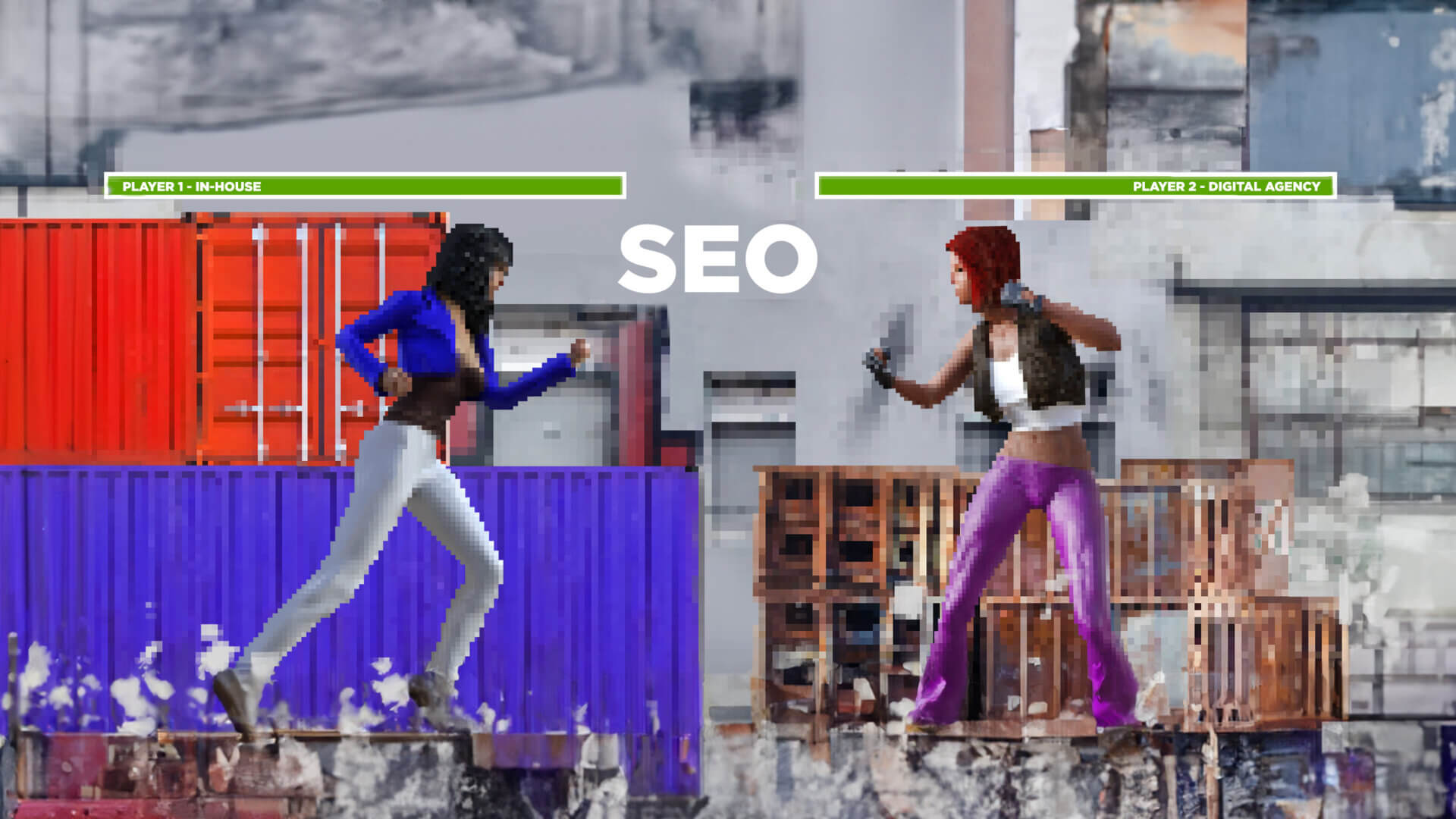 Two characters on a game console about to have a fight with an industrial setting.
