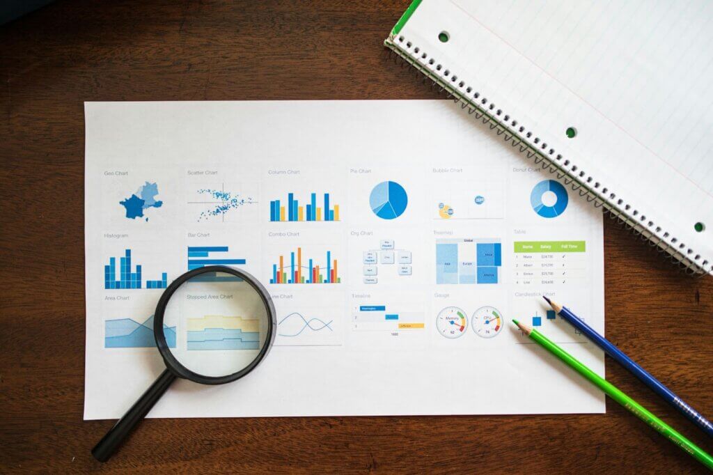 Image showing different charts with a magnify glass  