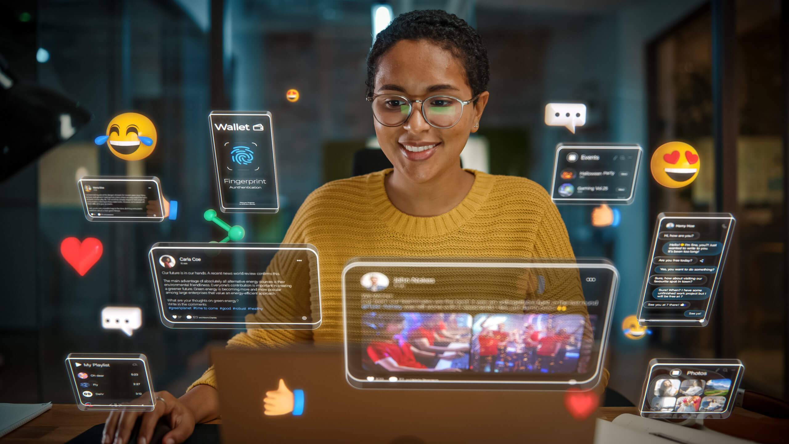 Young woman in a yellow sweater interacting with a laptop, surrounded by virtual icons representing social media interactions, such as chat messages, likes, emojis, and notifications. The holographic-like icons depict various digital communications, including laughing and heart emojis, a fingerprint authentication screen, and a playlist. The background is a dimly lit office, giving the scene a futuristic, technology-driven atmosphere.
